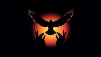 A silhouette of a bird with its wings spread, poised above outstretched hands against a radiant light source. Hopeful symbolism. photo