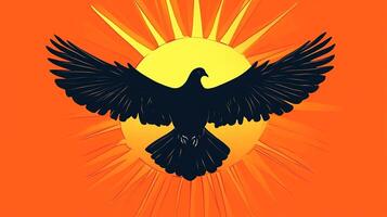 Soaring Black Bird Silhouette Against a Radiating Sun, wings spread with brightness surrounding the bird and a peaceful sky in the backdrop photo