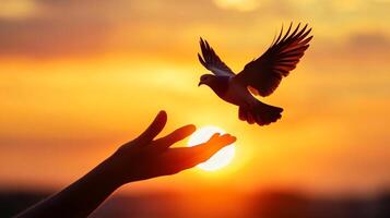 A dove takes flight from an outstretched hand, silhouetted against a vibrant sunset, symbolizing freedom and hope. photo