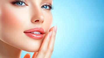 Close-up on a woman's face showcasing smooth skin, glossy lips, long eyelashes, and well-manicured nails against a soft blue background. photo