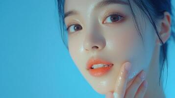 Close-up of a woman's radiant complexion, showcasing smooth skin and a healthy glow, illuminated against a cool blue backdrop. photo