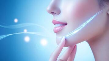 Elegant profile shot featuring radiant skin, subtle makeup, and the gentle touch of a manicured hand, illuminated by digital enhancements. photo