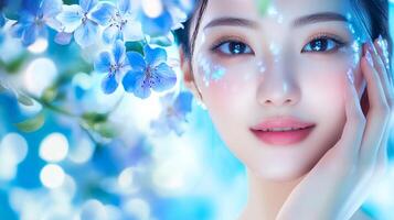 Radiant beauty enhanced with delicate blue flowers and shimmering accents, creating a whimsical and ethereal portrait in shades of blue. photo