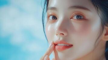 Close-up of a woman with glowing skin touching her lips against a soft, blue sky backdrop, embodying serene beauty and radiant complexion. photo