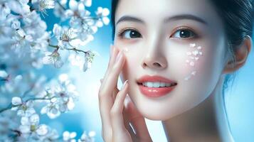 A woman applying moisturizer on her face with a backdrop of white flowers against a light blue background for a beauty product. photo