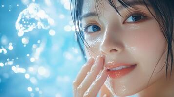 Close-up shot of a luminous, fresh-faced woman with water droplets. A picture of natural radiance and purity, set against a soft blue backdrop. photo