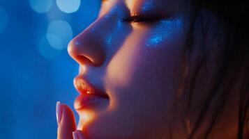 Close-up of a person's face with glitter illuminated by vibrant blue and orange lighting. The skin glows with a soft, ethereal quality. photo