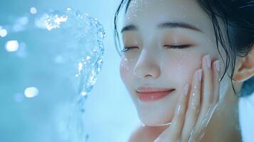 Serene woman with closed eyes and a soft smile, bathed in a refreshing stream of water, conveying tranquility and the essence of skincare. photo