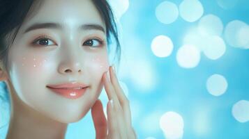 Serene skincare portrait with a woman gently touching her radiant skin against a bokeh light backdrop showcasing health and wellness. photo