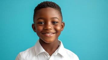 Portrait of a smiling young boy. He has a bright smile and stands against a vibrant blue background, looking directly at the camera. photo