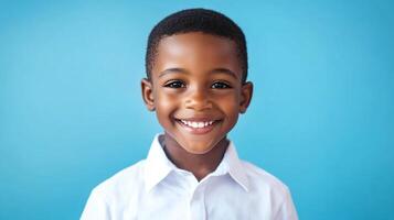 Smiling boy with close-cropped hair against a blue backdrop, radiating positivity and joy in a simple white collared shirt. photo