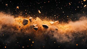 Dramatic explosion of earth and dust against a black background, capturing movement, texture, and intensity in a dynamic composition. photo