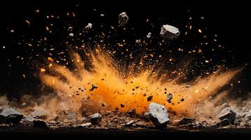 Dynamic rock explosion with fiery burst and debris scattering against a black background. Powerful force in action, dramatic event captured. photo