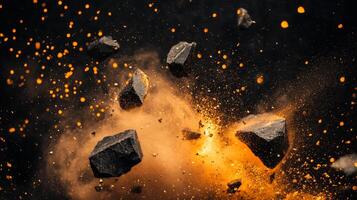 Dynamic explosion of rock fragments and particles against a dark backdrop, filled with energy and raw power, creating a striking visual. photo