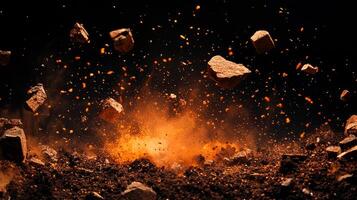 A dynamic explosion with rocks and fiery debris erupting against a dark backdrop, creating a dramatic and energetic visual spectacle. photo