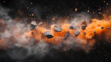 Dynamic mid-air collision of rocks in an explosion, caught in time, with debris and dust swirling in a dramatic display against darkness. photo