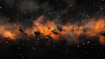 Explosion of rocks and dust with fiery orange hues against a black background. Captivating chaos frozen in time. photo