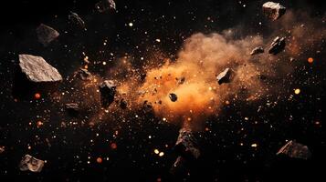 Dramatic cosmic explosion with flying rocks and fiery debris, creating a sense of intense energy and destruction in deep space. photo