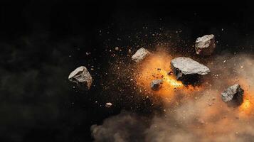 An explosion sends rocks and debris flying against a dark backdrop, showcasing a raw, dynamic force of nature or destructive event. photo