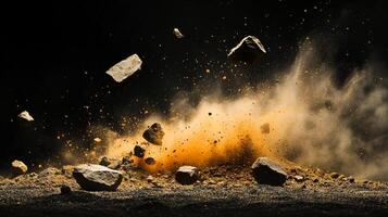 Rocks, pebbles, and sediment collide mid-air in dynamic fashion, against black background, creating dust and debris in dramatic burst. photo