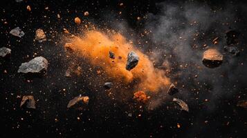 Dynamic explosion of earth and dust frozen in time, against a stark black background, showcasing motion and texture. photo