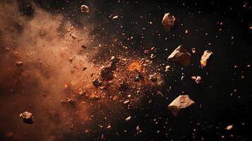 Explosion of earthen materials, capturing the moment of impact with dynamic rock fragments against a dark background. Fiery elements add intensity. photo