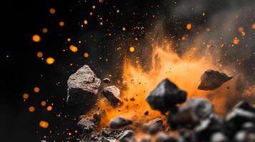 Dynamic explosion scene with flying debris and fiery sparks creates a dramatic, abstract image. Dark background and fiery burst. photo