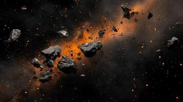 Dark space scene with scattered rocks amid dust and debris, illuminated by orange light, creating a dramatic celestial display. photo