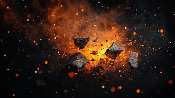 A fiery scene with chunks of rock and orange sparks creating a dynamic and intense visual, ideal for dramatic or explosive themes. photo