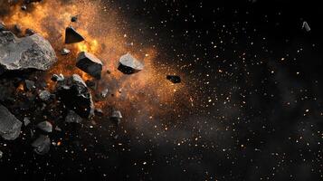 Dynamic explosion of dark rocks and fiery sparks against a black backdrop. Energy and chaos create a visually stunning and dramatic effect. photo
