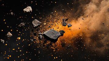Dramatic explosion with rocks and fiery particles, symbolizing power, destruction, or intense transformation. Dynamic and visually striking. photo
