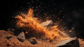 Dynamic scene featuring rocks and exploding dust, showcasing movement and raw power against a dark backdrop. Geological event captured. photo