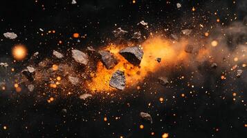 Dramatic explosion with rocks and sparks set against dark background. Visual impact for impact or explosive energy concepts. photo