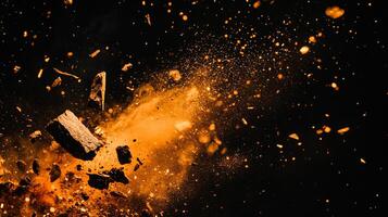 Exploding material captured in vivid golden light. Dark background enhances the impact of the airborne fragments and particles. photo