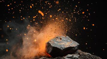 High-speed shot of a rock fracturing. Particles and dust explode outwards, freezing a moment of destruction against a black backdrop. photo