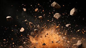 Rocks and dust particles burst forth, frozen mid-explosion against a dark, inky background. An explosion of motion and destruction. photo