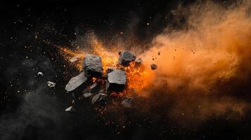 Striking image of rocks breaking apart in mid-air amidst a vibrant burst of orange dust against a stark black background. Motion captured. photo