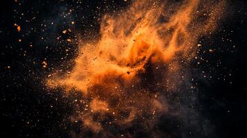 Fiery explosion of orange powder, evoking energy and dynamism against a dark void. Particles suspended in a vivid burst, creating abstract art. photo