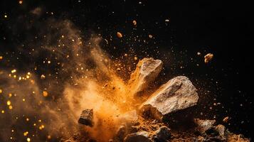 Dramatic explosion of earthy matter with dynamic fragments and particles suspended in a rich, golden, cloud-like burst against a stark, dark backdrop. photo