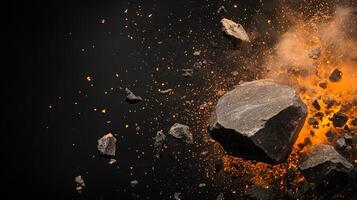 Dynamic composition of rocks amidst an explosion of fiery particles, set against a dark background, illustrating raw geological power. photo