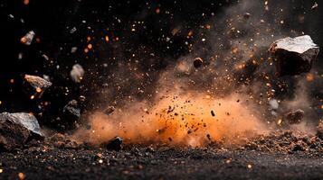 Dynamic scene of rock fragments exploding in a cloud of dust, creating a powerful and dramatic effect against a dark backdrop. photo