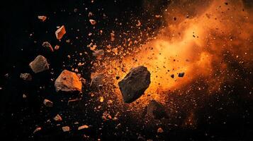 Dramatic explosion of rocks and debris against a dark background, creating a sense of power and chaos in the air. Energetic display. photo