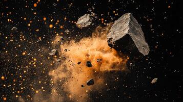 Explosive debris in the night sky with glowing particles, capturing the fleeting moment of destruction and creation in cosmic wonder. photo