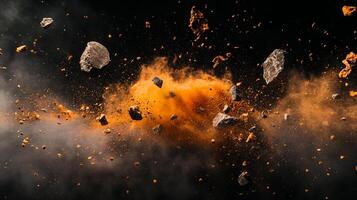 Dynamic burst of rock fragments and powder against a dark backdrop, creating a sense of power, chaos, and geological event. photo