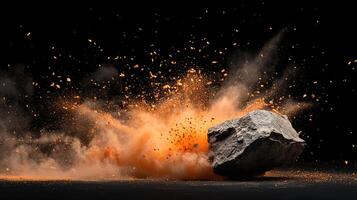 Dramatic impact scene with rock and explosion. Intense energy, dynamic movement, and striking visual contrast against a black backdrop. photo