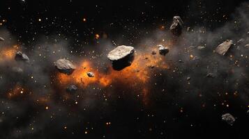 Floating rocks amidst swirling fire and sparks, evokes chaos and cosmic events. Dynamic asteroid impact creates a mesmerizing scene. photo