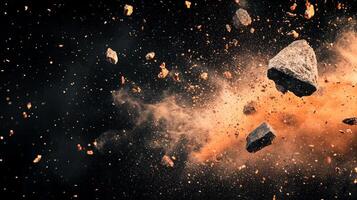 Exploding rocks in space against dark background. Cosmic debris and celestial bodies collision, flying fragments and dust particles. photo
