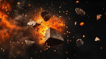 Dramatic explosion of rock fragments against a dark void, fiery orange burst creating striking contrast and dynamic visual impact. photo
