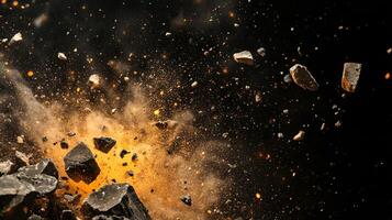 Rocks and particles burst forth in a dynamic display. Debris flies through a dark space, illuminated by orange energy. An elemental spectacle. photo