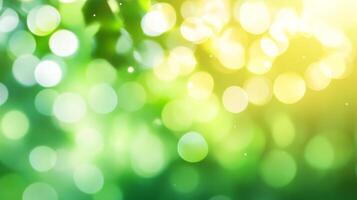 An array of green and white bokeh lights create a soothing and dreamy background with hints of yellow light peeking through the top. photo